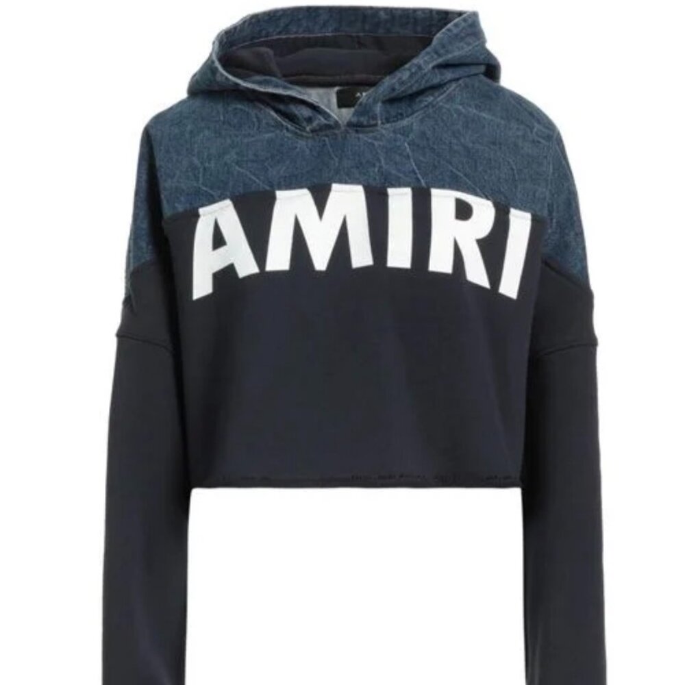 AMIRI Hybrid Denim Panel Cropped Hoodie Logo Sweatshirt Navy Blue